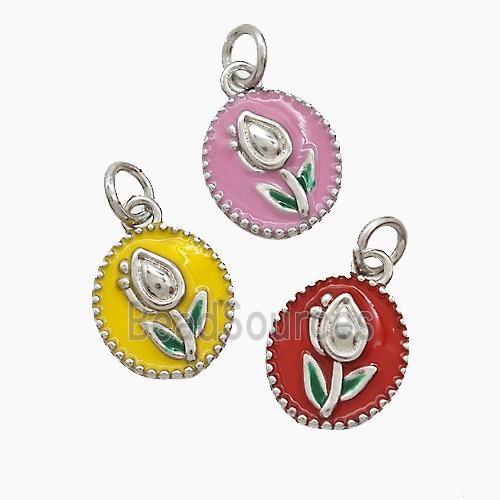 Copper Tulip Pendant Enamel Flower Platinum Plated Mixed