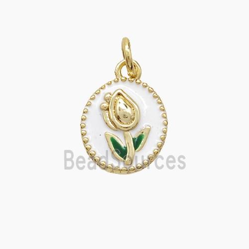 Copper Tulip Pendant White Enamel Flower Gold Plated
