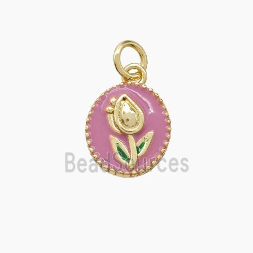 Copper Tulip Pendant Pink Enamel Flower Gold Plated