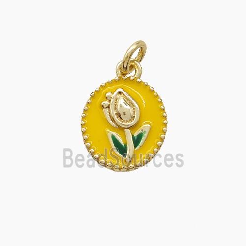 Copper Tulip Pendant Yellow Enamel Flower Gold Plated