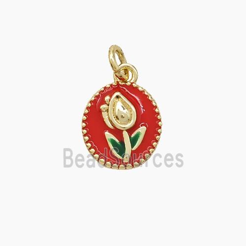 Copper Tulip Pendant Red Enamel Flower Gold Plated
