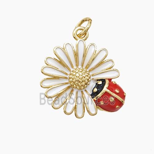 Copper Sunflower Pendant White Enamel Ladybug Gold Plated