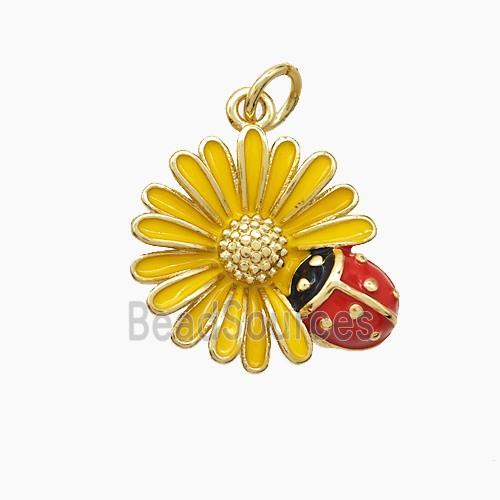 Copper Sunflower Pendant Yellow Enamel Ladybug Gold Plated