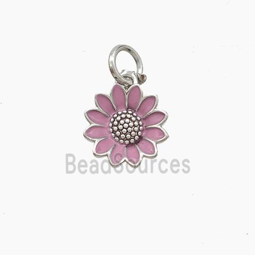 Copper Sunflower Pendant Pink Enamel Platinum Plated