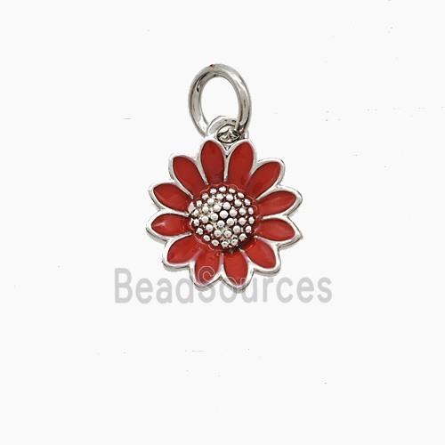 Copper Sunflower Pendant Red Enamel Platinum Plated