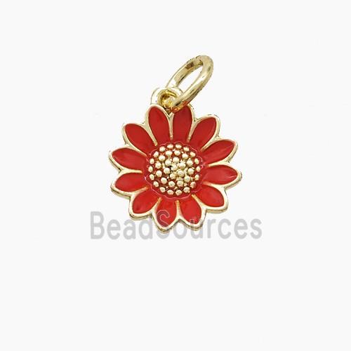 Copper Sunflower Pendant Red Enamel Gold Plated