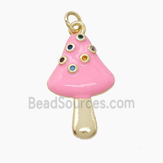 Copper Mushroom Pendant Pave Zirconia Pink Enamel Gold Plated