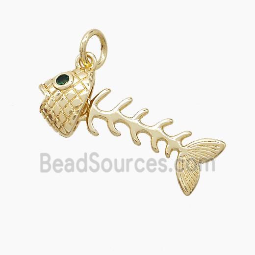 Copper Fish Bone Pendant Pave Zirconia Gold Plated