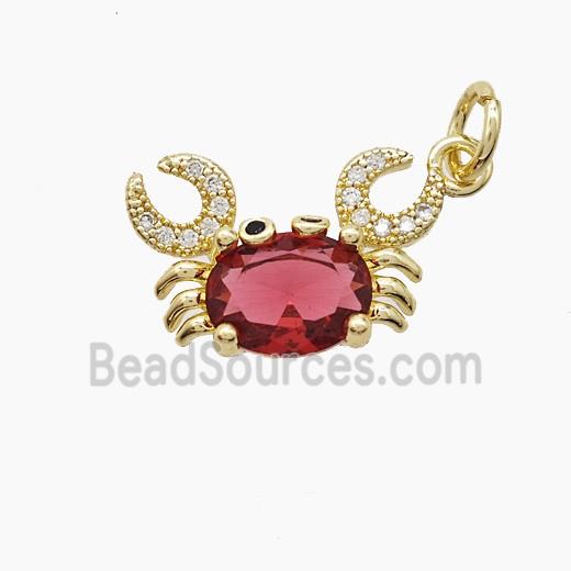 Copper Crab Pendant Pave Zirconia Red Crystal Glass Gold Plated