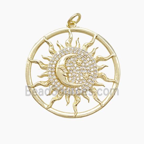 Copper Sun Moon Pendant Pave Zirconia Gold Plated