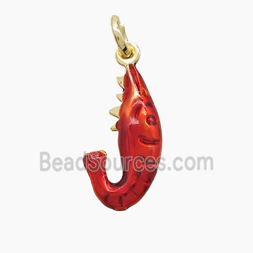 Copper Shrimp Pendant Red Painted Gold Plated