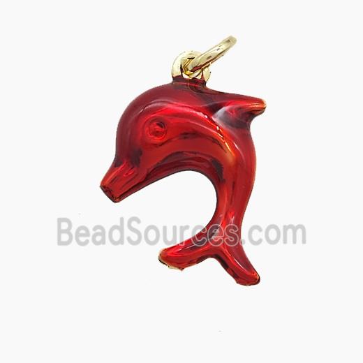 Copper Dolphin Pendant Red Painted Gold Plated
