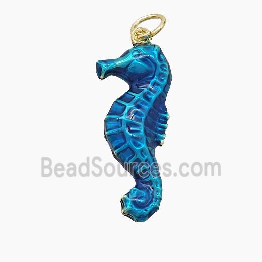 Copper Seahorse Pendant Blue Painted Gold Plated