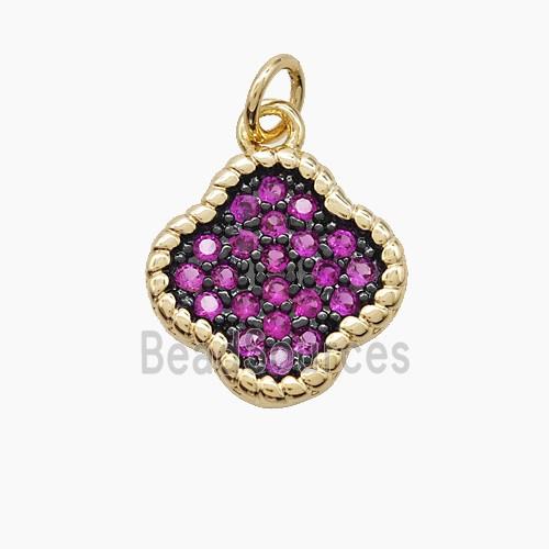 Copper Clover Pendant Micropave Fuchsia Zirconia Gold Plated