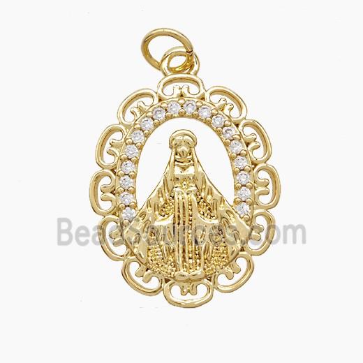 Copper Virgin Mary Pendant Pave Zirconia Gold Plated