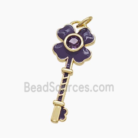 Copper Key Pendant Pave Zirconia Purple Enamel Clover Gold Plated