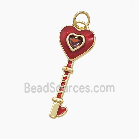 Copper Key Pendant Pave Zirconia Red Enamel Heart Gold Plated