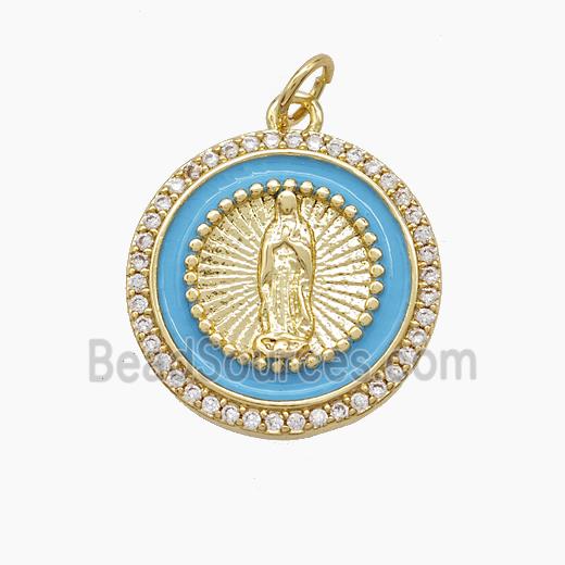 Copper Jesus Pendant Pave Zirconia Blue Enamel Gold Plated