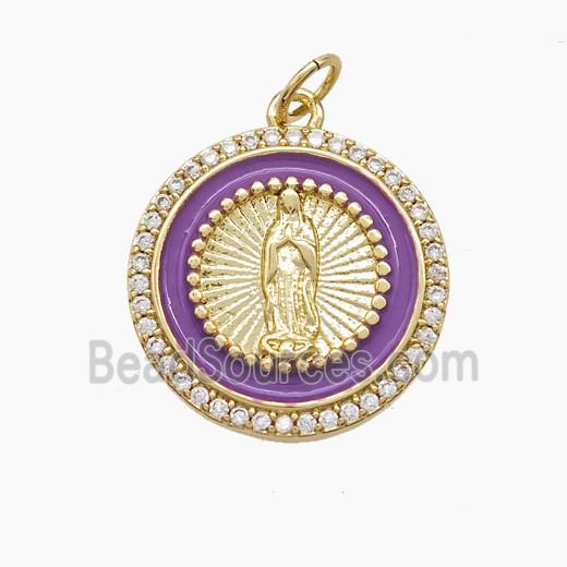 Copper Jesus Pendant Pave Zirconia Purple Enamel Gold Plated
