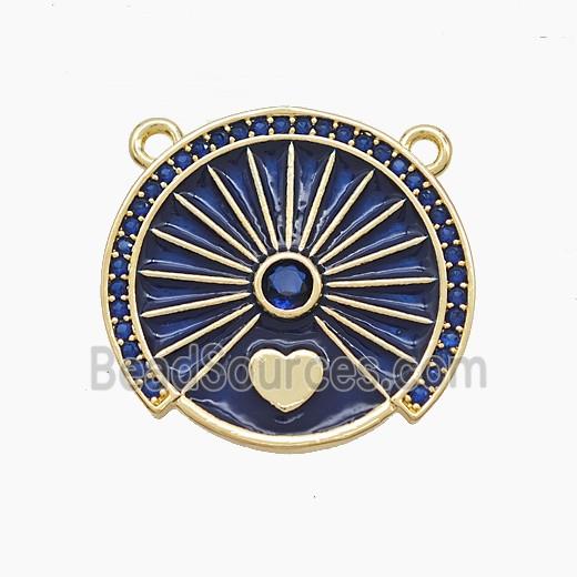 Copper Compass Disc Pendant Pave Zirconia Heart Blue Enamel 2loops Gold Plated