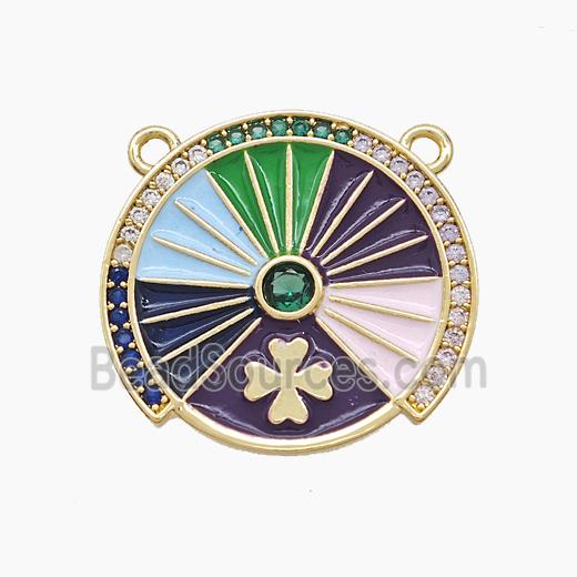 Copper Compass Disc Pendant Pave Zirconia Clover Multicolor Enamel 2loops Gold Plated