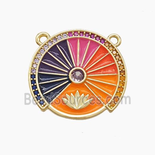 Copper Compass Disc Pendant Pave Zirconia Lotus Multicolor Enamel 2loops Gold Plated