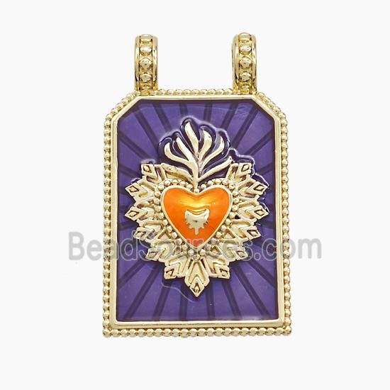 Copper Heart Pendant Rectangle Purple Painted 2loops Gold Plated