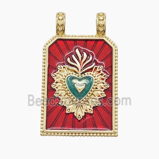Copper Heart Pendant Rectangle Red Painted 2loops Gold Plated