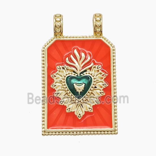 Copper Heart Pendant Rectangle Red Painted 2loops Gold Plated