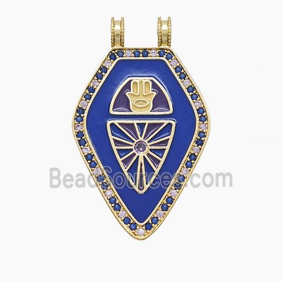 Copper Polygon Pendant Pave Zirconia Blue Enamel 2loops Gold Plated
