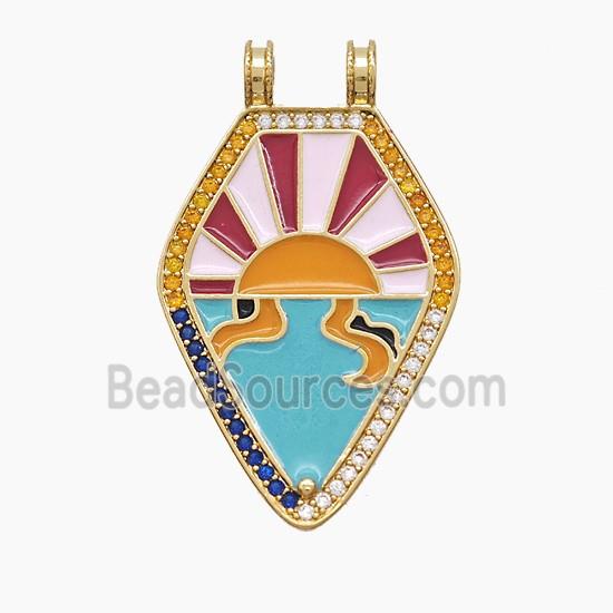 Copper Polygon Pendant Pave Zirconia Sun Multicolor Enamel 2loops Gold Plated