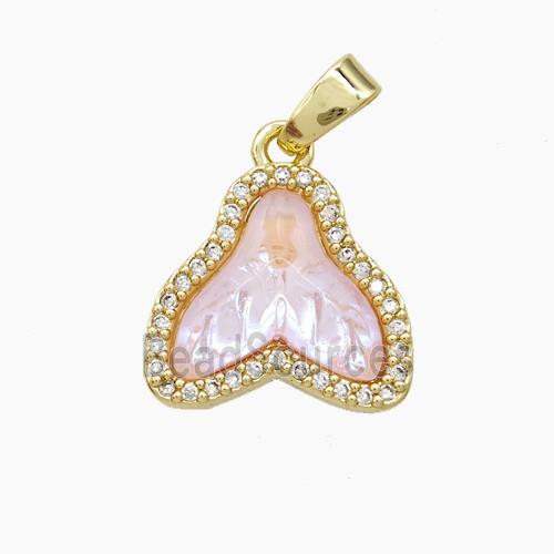 Copper Shark-Tail Pendant Pave Zirconia Pink Acrylic Gold Plated