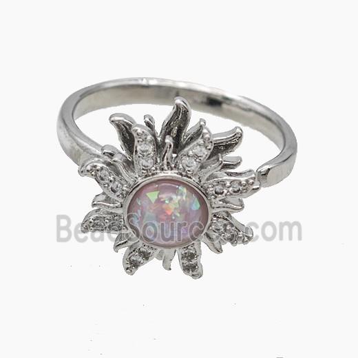 Copper Sunflower Rings Pave Zirconia Pink Fire Opal Rotatable Platinum Plated