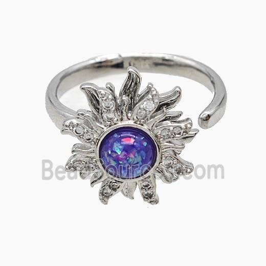 Copper Sunflower Rings Pave Zirconia Blue Fire Opal Rotatable Platinum Plated