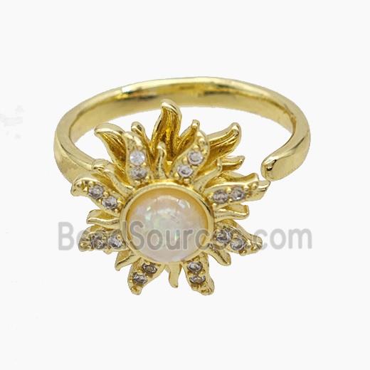 Copper Sunflower Rings Pave Zirconia Fire Opal Rotatable Gold Plated