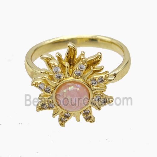 Copper Sunflower Rings Pave Zirconia Pink Fire Opal Rotatable Gold Plated