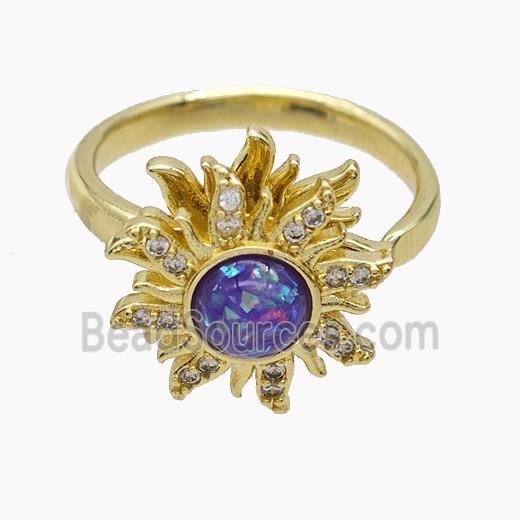 Copper Sunflower Rings Pave Zirconia Fire Opal Rotatable Gold Plated