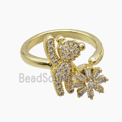 Copper Bear Rings With Flower Pave Zirconia Rotatable Gold Plated