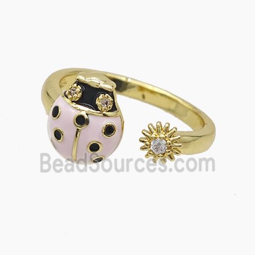 Copper Ladybug Rings Pave Zirconia Pink Enamel Gold Plated