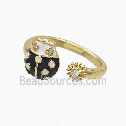 Copper Ladybug Rings Pave Zirconia Black Enamel Gold Plated