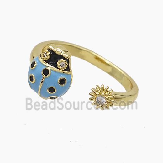 Copper Ladybug Rings Pave Zirconia Blue Enamel Gold Plated