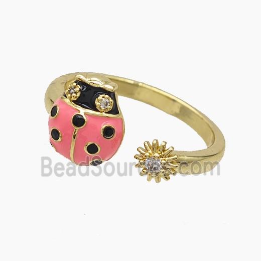 Copper Ladybug Rings Pave Zirconia Pink Enamel Gold Plated