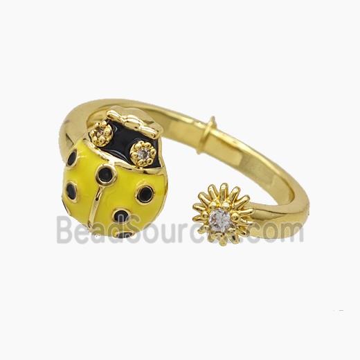 Copper Ladybug Rings Pave Zirconia Yellow Enamel Gold Plated