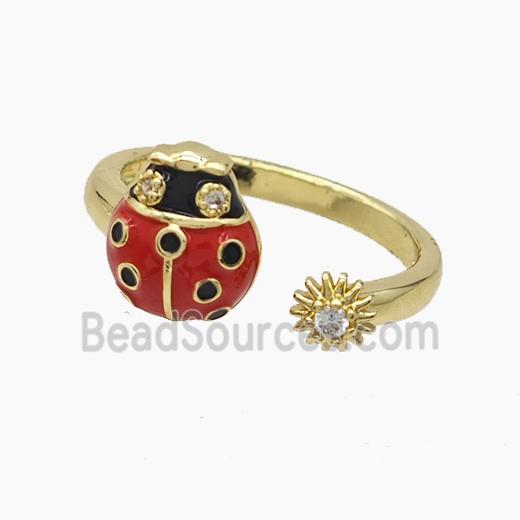 Copper Ladybug Rings Pave Zirconia Red Enamel Gold Plated