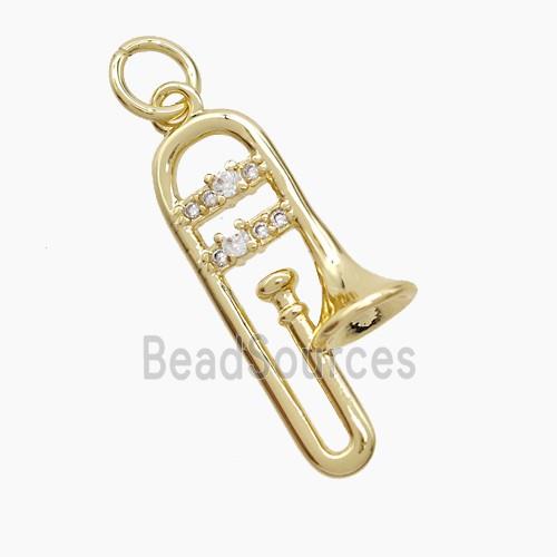 Copper Trombone Pendant Pave Zirconia Musical Gold Plated