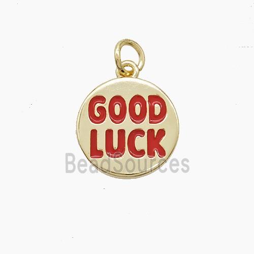 Copper GOODLUCK Pendant Red Enamel Gold Plated