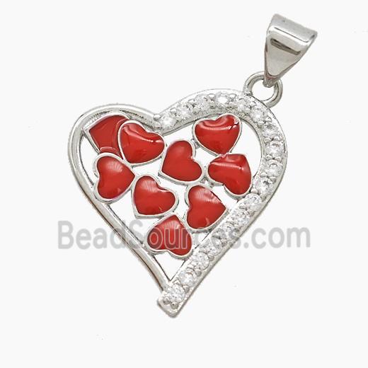 Copper Heart Pendant Pave Zirconia Red Enamel Platinum Plated