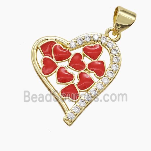 Copper Heart Pendant Pave Zirconia Red Enamel Gold Plated