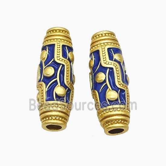 Copper Rice Beads Blue Enamel Large Hole Gold Plated