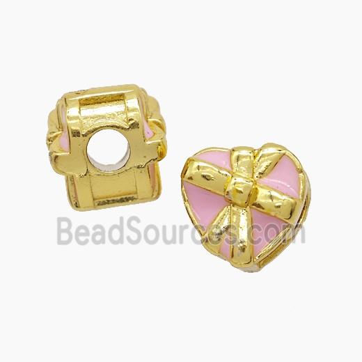 Copper Heart Beads Pink Enamel Large Hole Gold Plated
